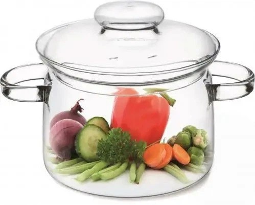 Oală mare din sticlă transparentă cu capac și legume